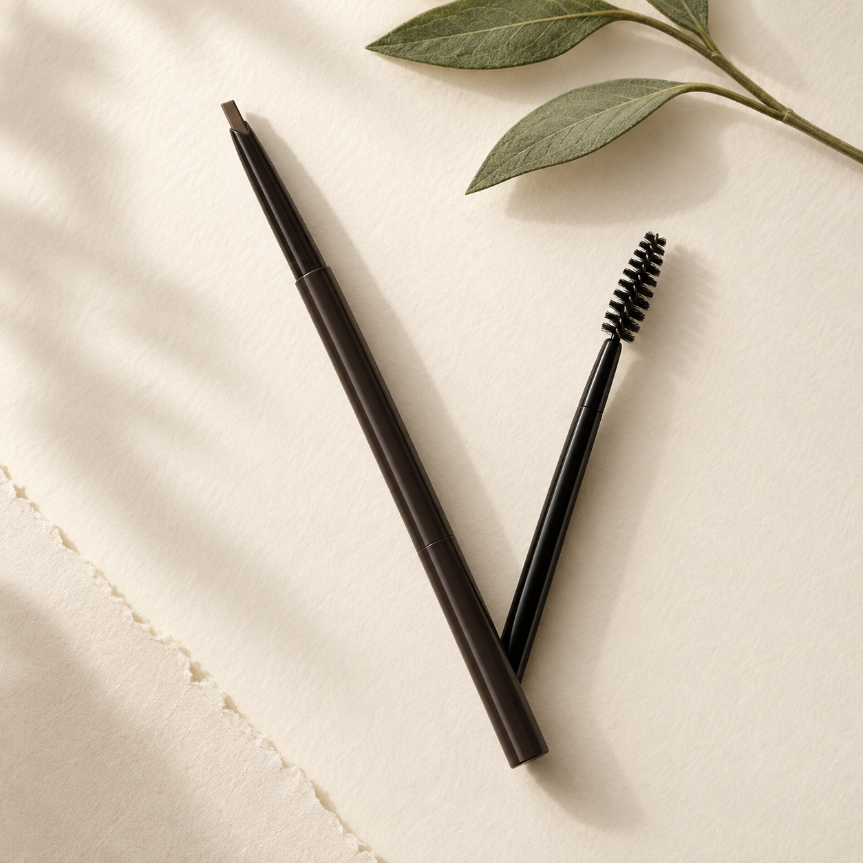 Brow pencil and spoolie arranged on ivory paper