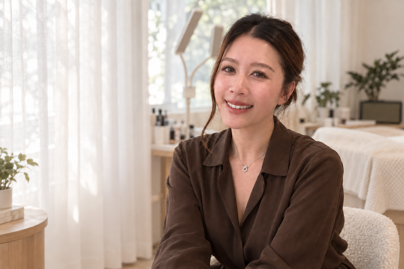 AI-assisted portrait of Keira smiling in a brown blouse in a softly lit studio